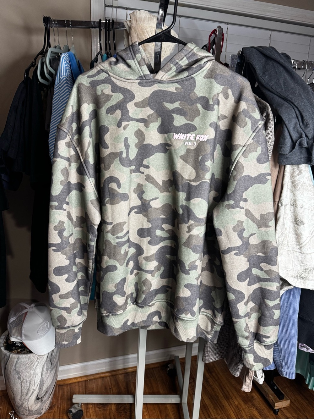 White Fox Camo Crewneck Hoodie with baby pink puff lettering size S/M